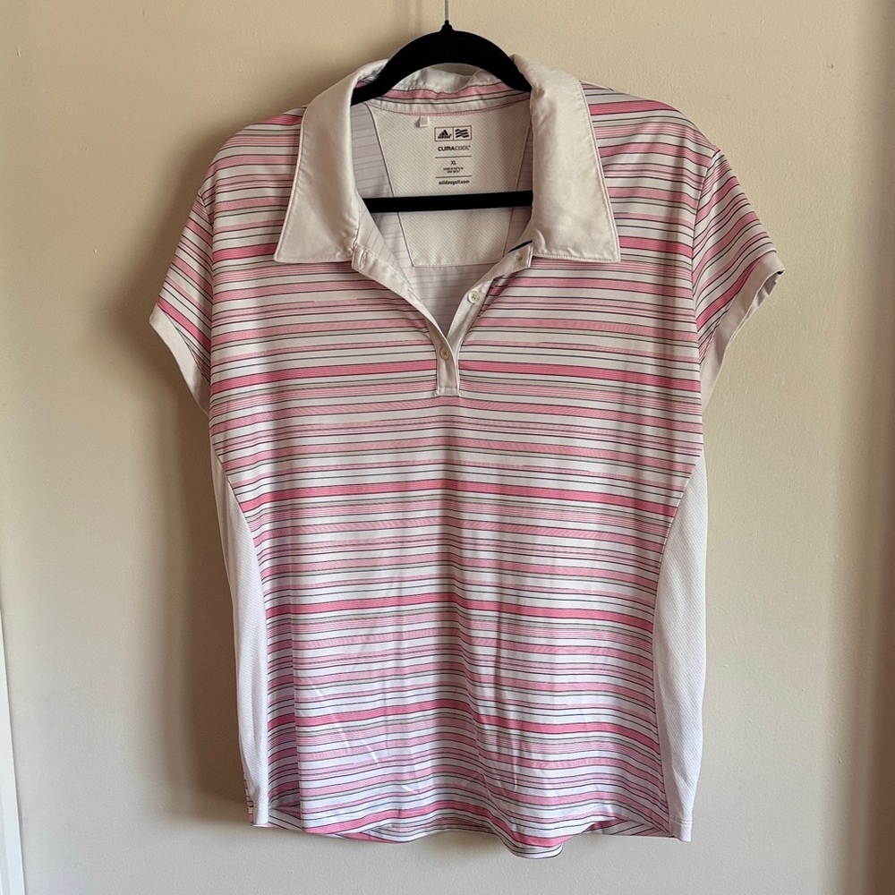 adidas Women's Pink and White Striped Golf Shirt size XL